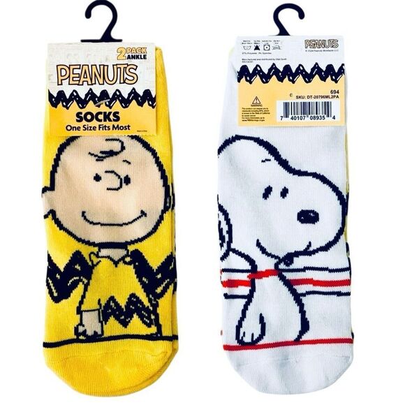 NWT Gorgeous 2 Pack Peanuts OSFM SNOOPY & Charlie Brown White Yellow Ankle Socks - Picture 1 of 12